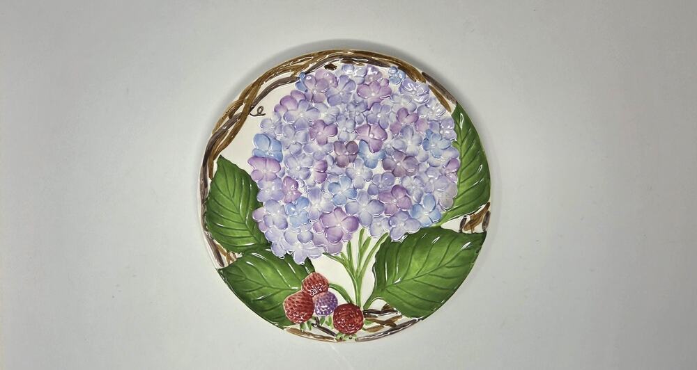 Vintage Jeanne Beury 2000 | Hydrangea & Berries Majolica Plate
